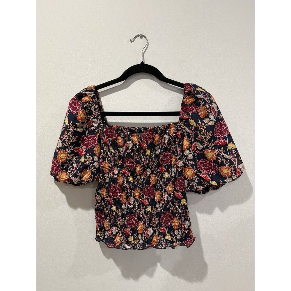 Melloday Anthropologie Top Womens Small Floral Smocked Peasant Preppy Travel
